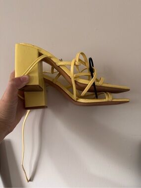 Zara Yellow Strappy Block Heel Sandals with Ankle Tie